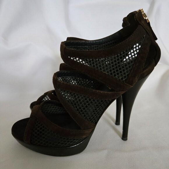 Fendi Sandalo Camoscio Rete Nylon Suede Mesh Heels Brown SZ 36.5 (6.5) - Picture 5 of 14
